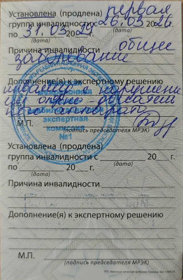 Оборотная сторона удостоверения: первая группа инвалидности